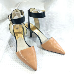 MICHAEL KORS! BLACK & TAN GENUINE LEATHER ANKLE WRAP & BUCKLE HEELS! SZ 11M